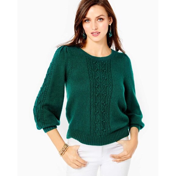 Lilly Pulitzer Green Cable Knit Puff Sleeve Sweater M Acrylic/Nylon/Wool Blend - Picture 1 of 6